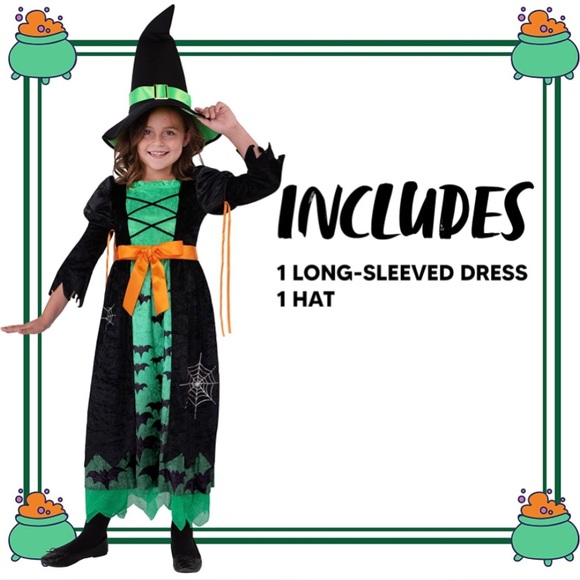 Green Witch Costume for Girls, Evil Fairytale Witch Costume Deluxe Set w Hat NEW - Picture 5 of 7